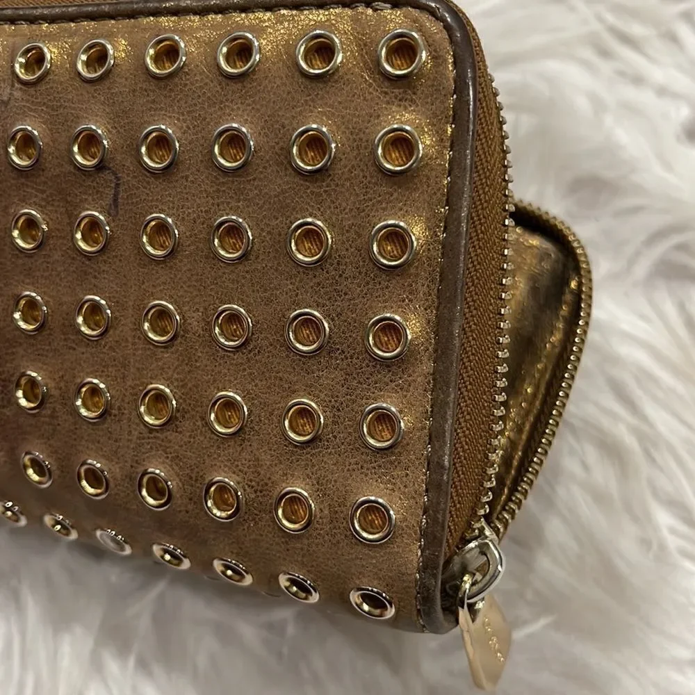 Michael Kors Metallic Leather Grommet Zip Around Wallet